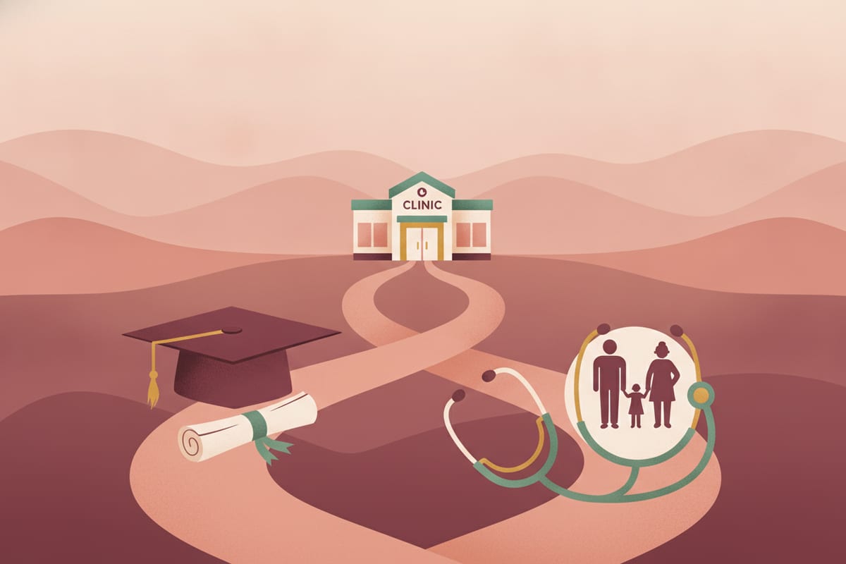 An illustration of two paths across wine-colored hills, one carrying a graduation cap and diploma and the other a stethoscope circling a family of three, both leading to the door of one clinic