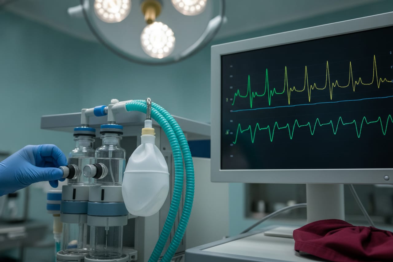 A gloved hand adjusting a vaporizer dial on an anesthesia machine, a breathing circuit and a monitor showing waveforms beside it