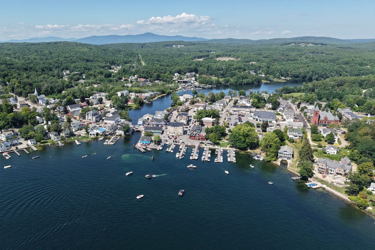 A lakeside town seen from the air, boats moored offshore and wooded hills behind