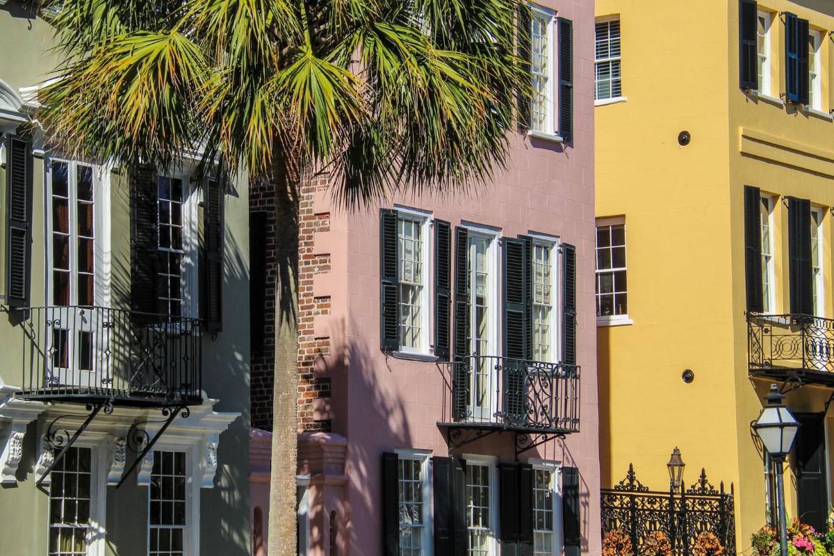 A row of pastel townhouses with shutters and wrought-iron balconies behind a palm
